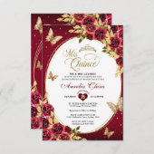 BUDGET Floral Red Gold Tiara Butterfly Quinceañera Mitteilungskarte (Vorne/Hinten)