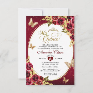 BUDGET Floral Red Gold Tiara Butterfly Quinceañera Mitteilungskarte