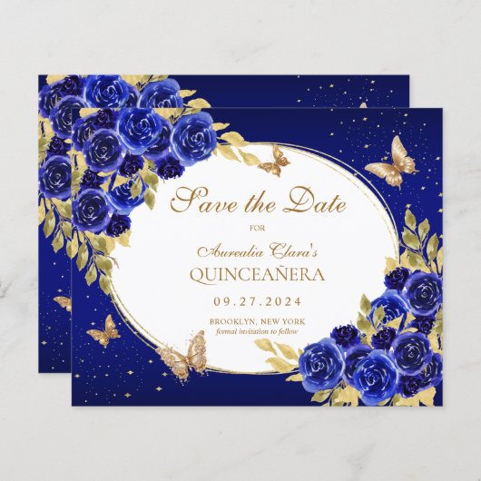 BUDGET Floral Royal Blue Butterfly Quinceanera (Vorne/Hinten)