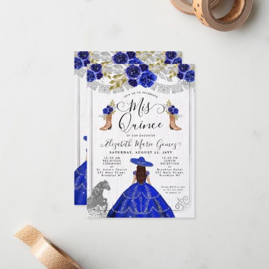 Budget Floral Royal Blue Charra Quinceanera Mitteilungskarte (Vorderseite/Rückseite Beispiel)