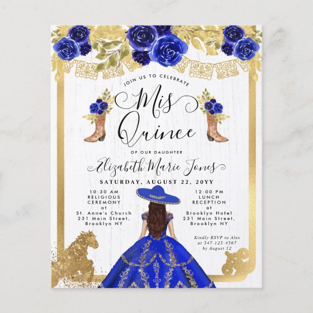 Budget Floral Royal Blue Gold Charra Quinceanera (Vorderseite)