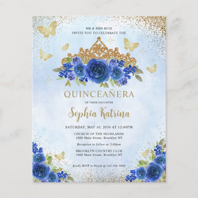 Budget Floral Royal Blue Gold Tiara Quinceñera (Vorderseite)