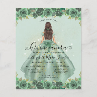 Budget Floral Sage Green Gold Princess Quinceanera