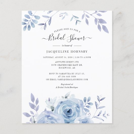 Budget Floral Script Watercolor Brautparty (Vorderseite)