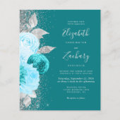 Budget Floral Türkis Silver QR Code Hochzeit (Vorderseite)