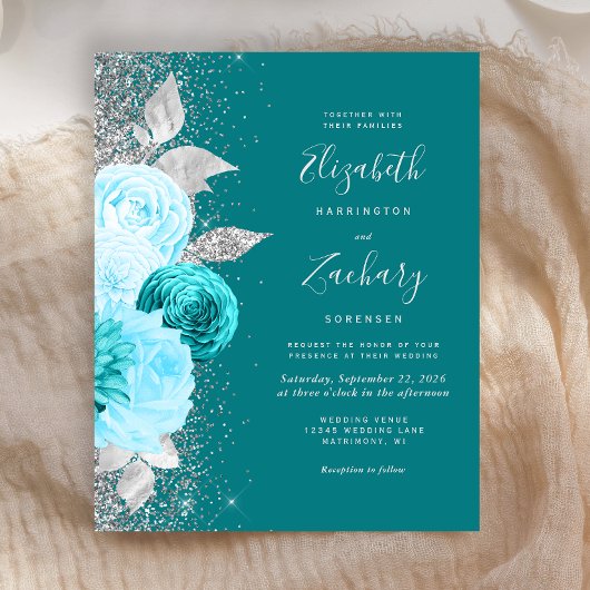 Budget Floral Turquoise Silver Glitzer Hochzeit