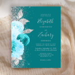 Budget Floral Turquoise Silver Glitzer Hochzeit<br><div class="desc">Die links Seite dieses eleganten, modernen Hochzeitseinladens besticht durch einen Blumenstrauß in türkisfarbenen und hellblauen Farbtönen, besticht durch silberne Imitate und Imitate Glitzer und besticht durch einen Glitzer aus silbernen Imitaten. Der individuell anpassbare Text kombiniert handgeschriebene, hellsilbergraue Schrift, Copperplate und kursiv Schriftart auf türkisfarbenem Hintergrund. Auf der Rückseite ist ein...</div>