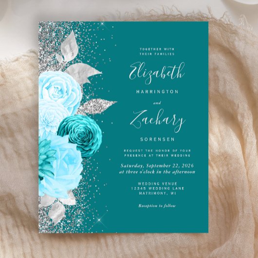 Budget Floral Turquoise Silver Glitzer Hochzeit