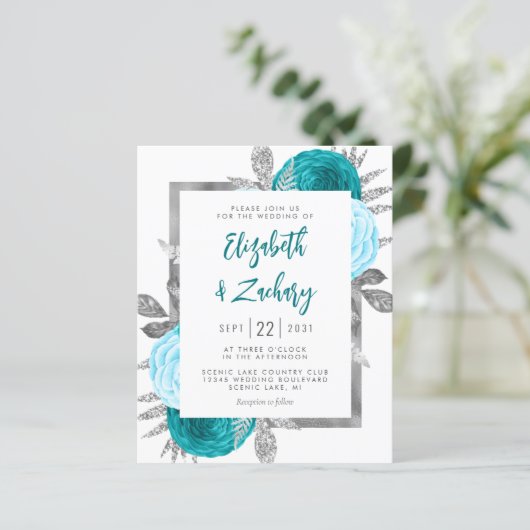 Budget Floral Turquoise Silver Wedite Einladung (Stehend Vorderseite)