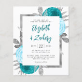 Budget Floral Turquoise Silver Wedite Einladung (Vorderseite)