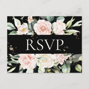 Budget Floral Watercolor Black Wedding RSVP Postkarte