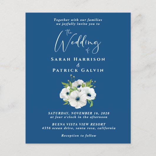 Budget Floral Watercolor Blue Wedding Einladung (Vorderseite)