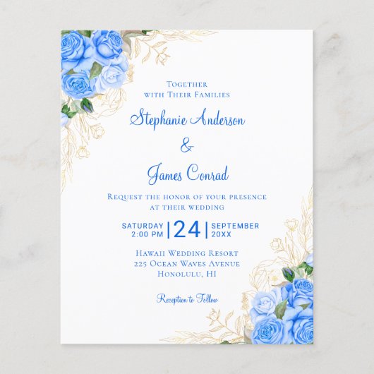 Budget Floral Watercolor Blue Wedding Einladung (Vorderseite)
