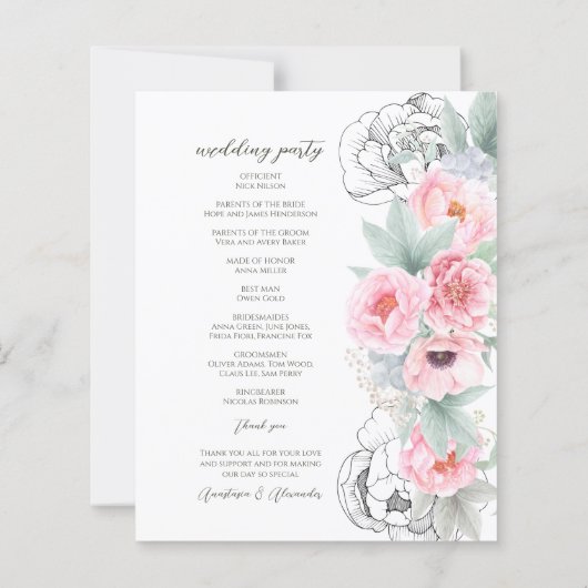 Budget Floral Wedding Programm Karte. (Rückseite)