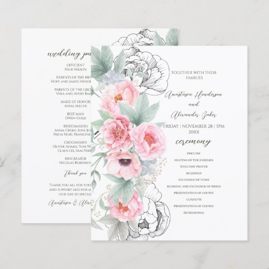Budget Floral Wedding Programm Karte. (Vorne/Hinten)