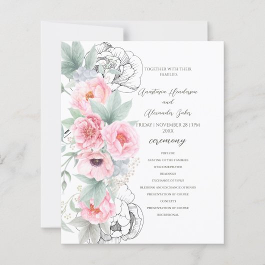 Budget Floral Wedding Programm Karte. (Vorderseite)
