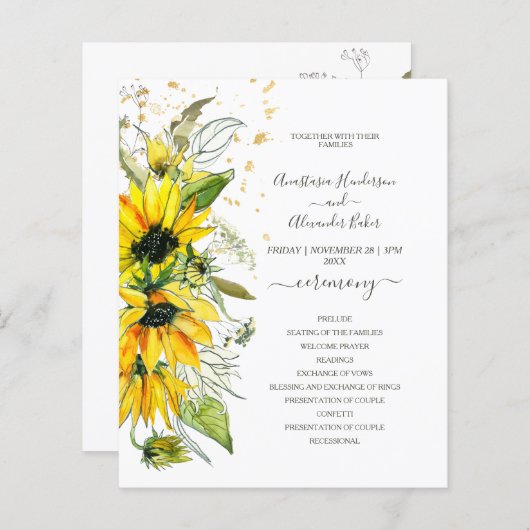 Budget Floral Wedding Programm Karte. (Vorne/Hinten)