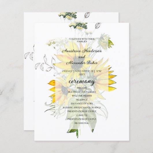 Budget Floral Wedding Programm Karte. (Vorne/Hinten)