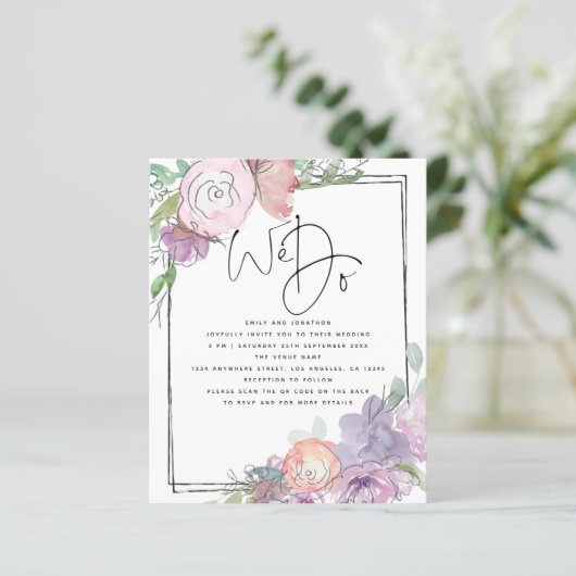 BUDGET Florals bubbly We Do QR Wedite Einladung (Stehend Vorderseite)