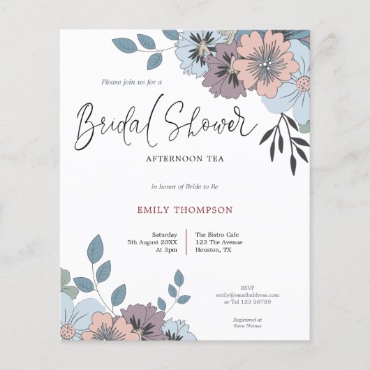 Budget Florals Script Brautparty Tea Einladung (Vorderseite)