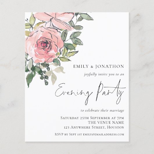 Budget Florals Wedding Abend Party Einladung (Vorderseite)