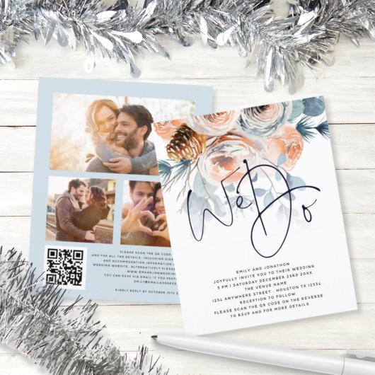BUDGET Florals wir 3 Foto QR Hochzeit Einladung