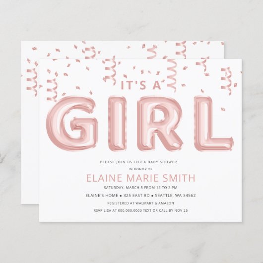 Budget Foil Balloons Girl Baby Shower Einladung (Vorne/Hinten)