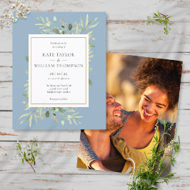 Budget Foliage Dusty Blue Wedding Foto Einladung