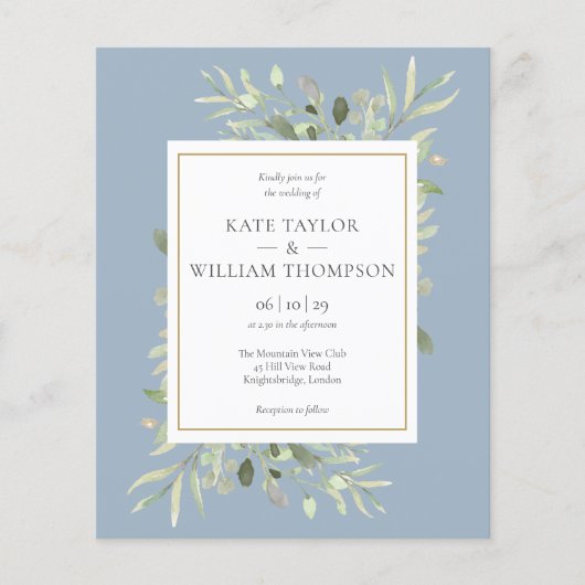 Budget Foliage Dusty Blue Wedding Foto Einladung (Vorderseite)