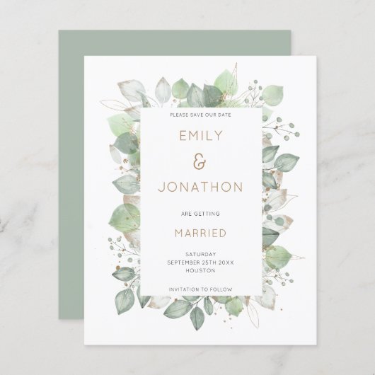 Budget Foliage Frame Sage Wedding Save the Date (Vorne/Hinten)