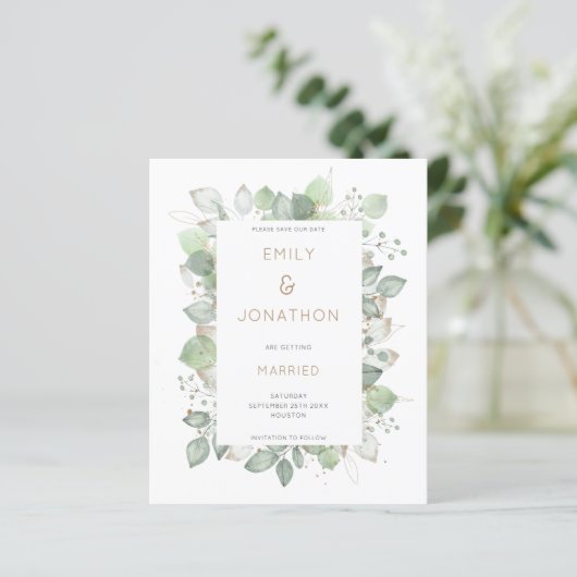 Budget Foliage Frame Sage Wedding Save the Date (Stehend Vorderseite)