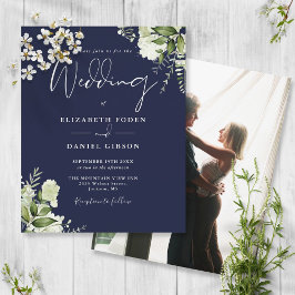 Budget Foliage Navy Blue Foto Hochzeit Einladung