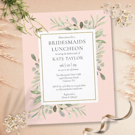Budget Foliage Pink Bridesmaids Luncheon Einladung