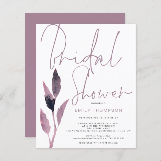 Budget Foliage Script Bridal Dusche Einladung (Vorne/Hinten)