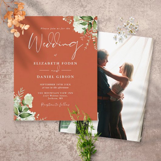 Budget Foliage Terracotta Foto Hochzeit Einladung