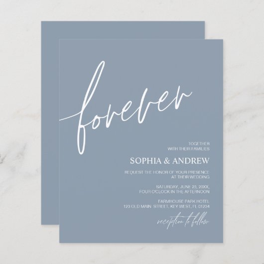 Budget Forever Love Dusty Blue Wedding Einladung (Vorne/Hinten)