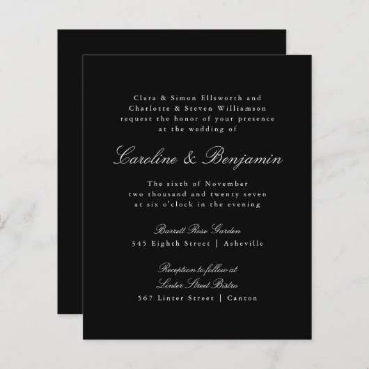 Budget Formal Black Elegant Hochzeitseinladung (Vorne/Hinten)