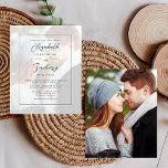 Budget Foto Aquamarine Skripteinladung<br><div class="desc">Diese einfache, minimalistische Hochzeitseinladung enthält den Text in elegantem aquamarinem Schrift und sans serif Schriften, gerahmt durch ein dünnes aquamarines Rechteck. Ersetzen Sie das Beispielbild einfach durch Ihr eigenes Foto des Paares. Ein weißer Bildschirm über dem Foto sorgt dafür, dass der Text auffällt. Das gleiche Foto wird auf der Rückseite...</div>