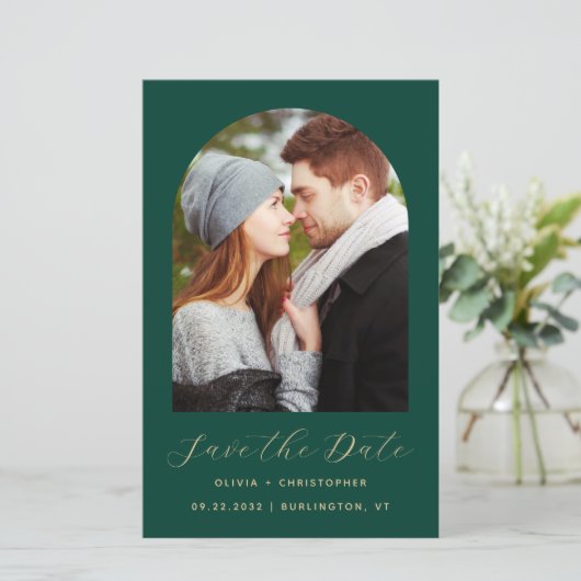 Budget Foto Arch Emerald Gold QR Save the Date (Stehend Vorderseite)
