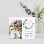 Budget Foto Boho Blue Floral Moon Save the Date (Stehend Vorderseite)