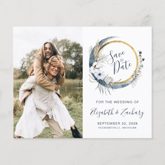 Budget Foto Boho Blue Floral Moon Save the Date (Vorderseite)
