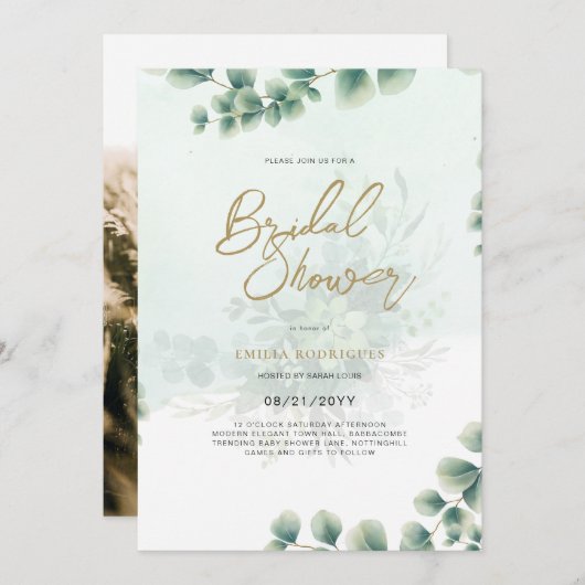 Budget Foto Brautdusche Einladung Rustikales Leaf (Vorne/Hinten)