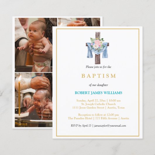 Budget Foto Collage Cross Gold Script Taufe (Vorne/Hinten)