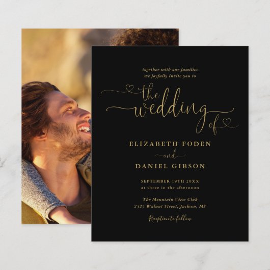 Budget Foto Gold Hörer Skripteinladung Hochzeit (Vorne/Hinten)