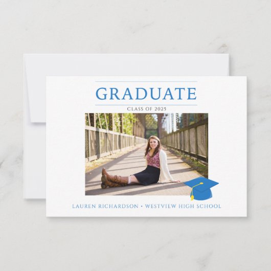Budget Foto Graduation Party Blue & White Einladung (Vorderseite)