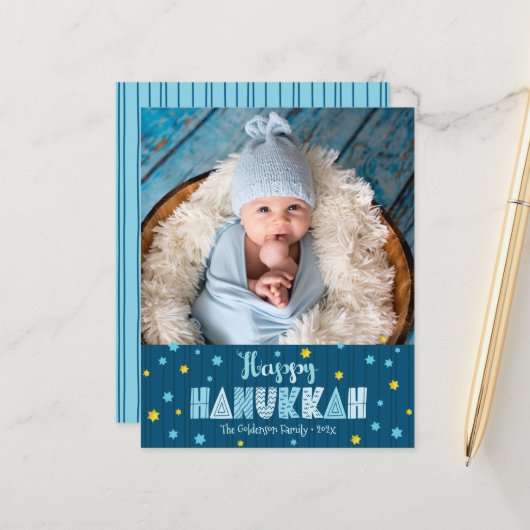 Budget Foto Happy Hanukkah Blue Gold Stars Card (Vorderseite/Rückseite Beispiel)