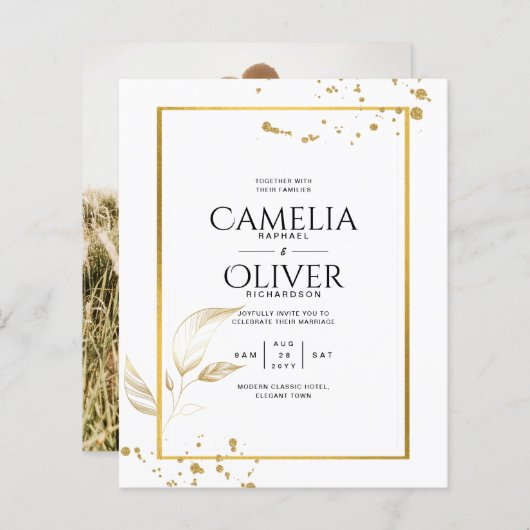 Budget Foto Hochzeit Einladung Classic White GOLD (Vorne/Hinten)