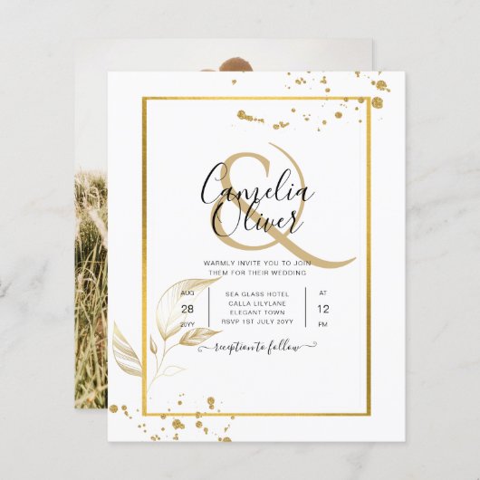 Budget Foto Hochzeit Einladung Classic White GOLD (Vorne/Hinten)