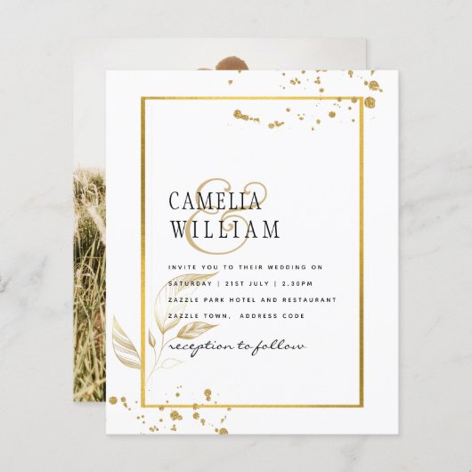 Budget Foto Hochzeit Einladung Classic White GOLD (Vorne/Hinten)