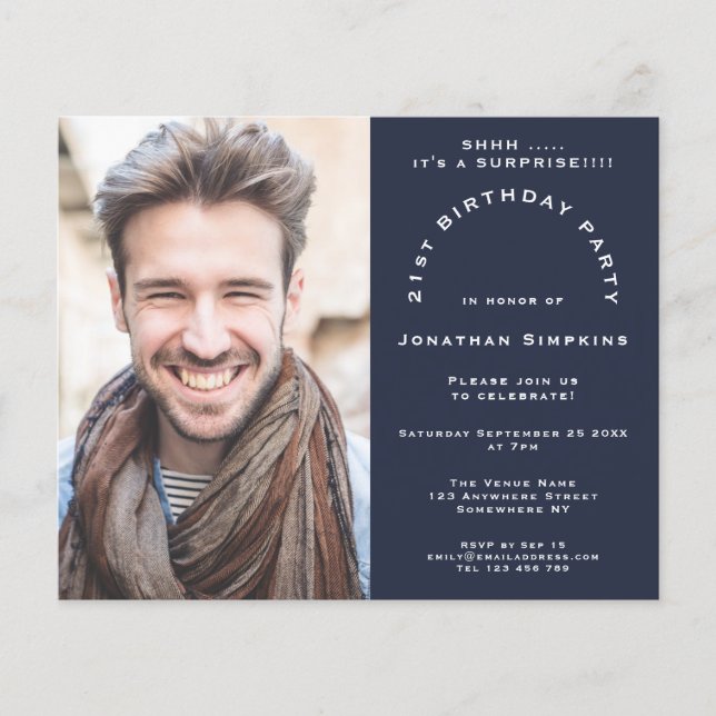 Budget Foto Man 21. Überraschung Party Navy Einlad (Vorderseite)